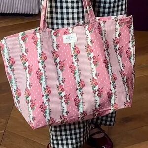 Sézane Pink and White Striped Floral Tote